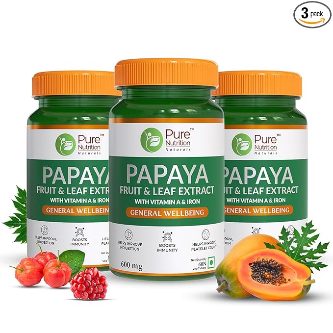 Pure Nutrition Papaya Fruit & Leaf Extract – Platelet & Immunity Booster (180 Tabs)
