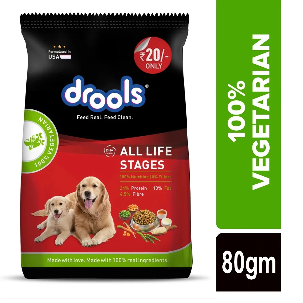 Drools All Life Stages 100% Vegetarian Dog Dry Food. (80 gm x 15 qty)
